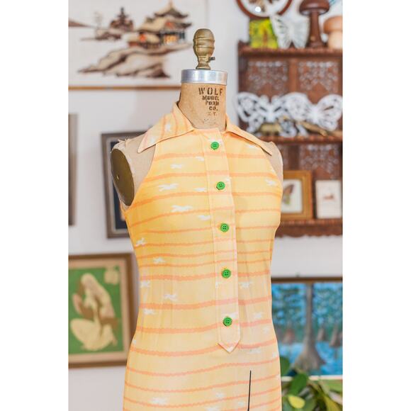 Vintage 60s Sailor Novelty Dress, Yellow Striped Sundress Sailboat Seagulls XS - Picture 3 of 15